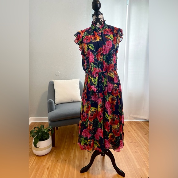julia jordan Dresses & Skirts - Julia Jordan Floral midi button down dress size 14 navy with multi color flowers